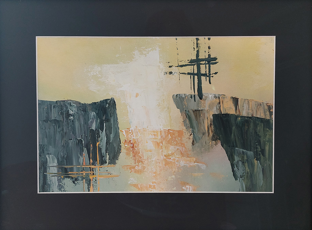 A yellow greenish background with a grayer bottom half is the background of this abstract painting named The Fjords. Whilst practising with my palette knives I felt inspired by my time in Norway and seeing the fjords. The masses of stone are depicted in a mix of mostly grey-blue colours. They leave room in the middle of the canvas for the light to shine on the bottom half of the painting, interspersing the grey with white and a coppery orange. Due to the grid that sits on top of the back fjord it also gives the impression of a large ship moving in between two barriers.