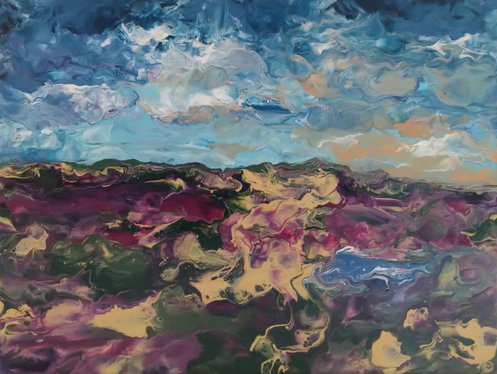 This abstract painting depicts a moorland under an unruly Dutch sky. The stormy sky is very dark blue at the top. A few lighter clouds hang near the horizon over a landscape full of blossoming heather. On the right side the sky is mirrored in a little lake. The landscape, with its purple, green and sand colours, looks wild. This is made possible trough the use of a pouring technique which makes the paint flow in and around each other in an organic way.