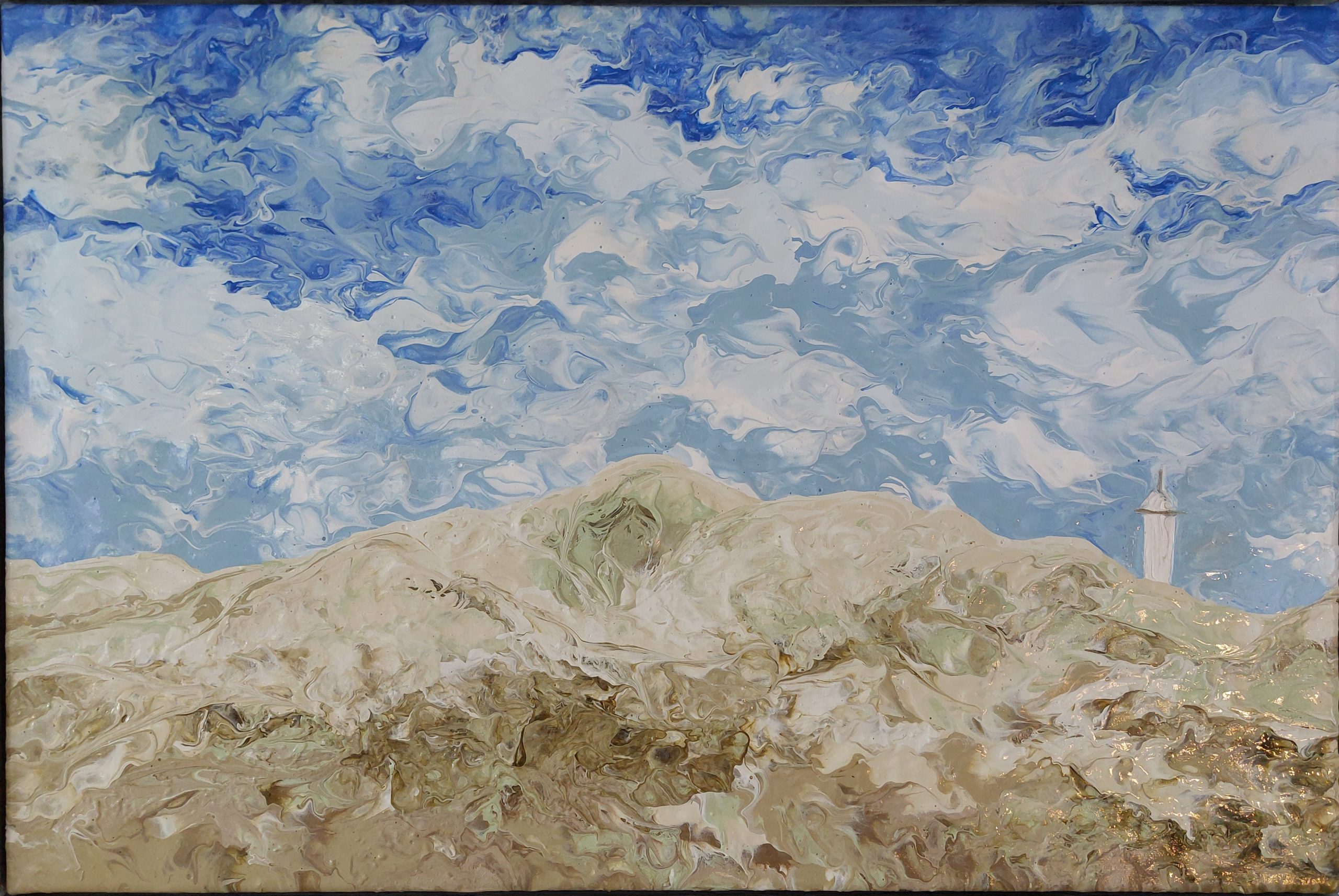 A dune landscape with a blue, cloudy sky. In the right hand corner you see the white lighthouse from Schiermonnikoog depicted